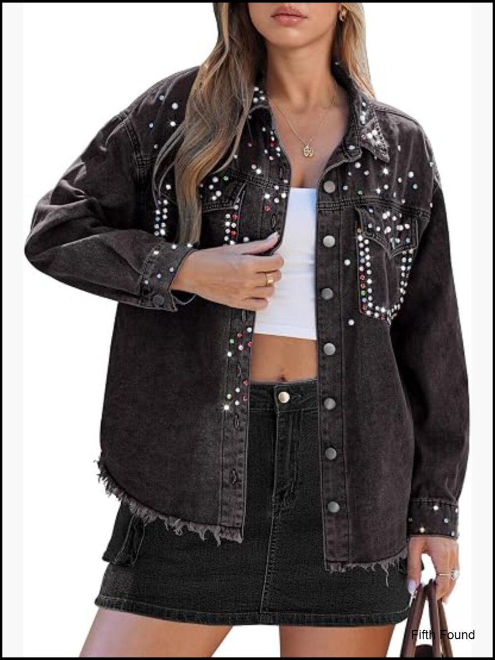 Oversized Rhinestones Pearls Embellished Denim Jacket with Frayed Hem - Picture 1 of 7